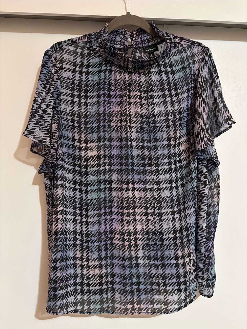 torrid Sheer Ruffle-Neck Blouse in Black with Lavender & Pale Blue Print